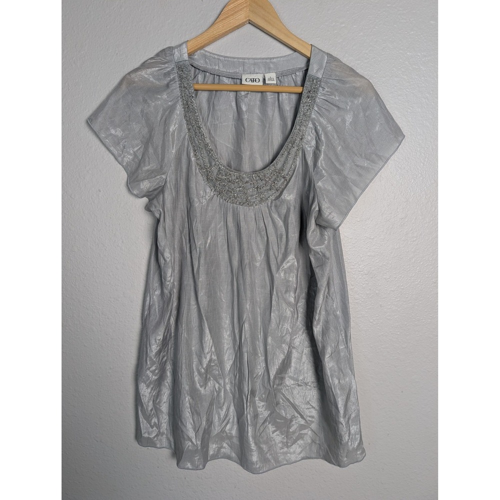Cato Blouse‎ Womens Large Silver Beaded Scoop Neck Flutter Sleeve Tunic Top